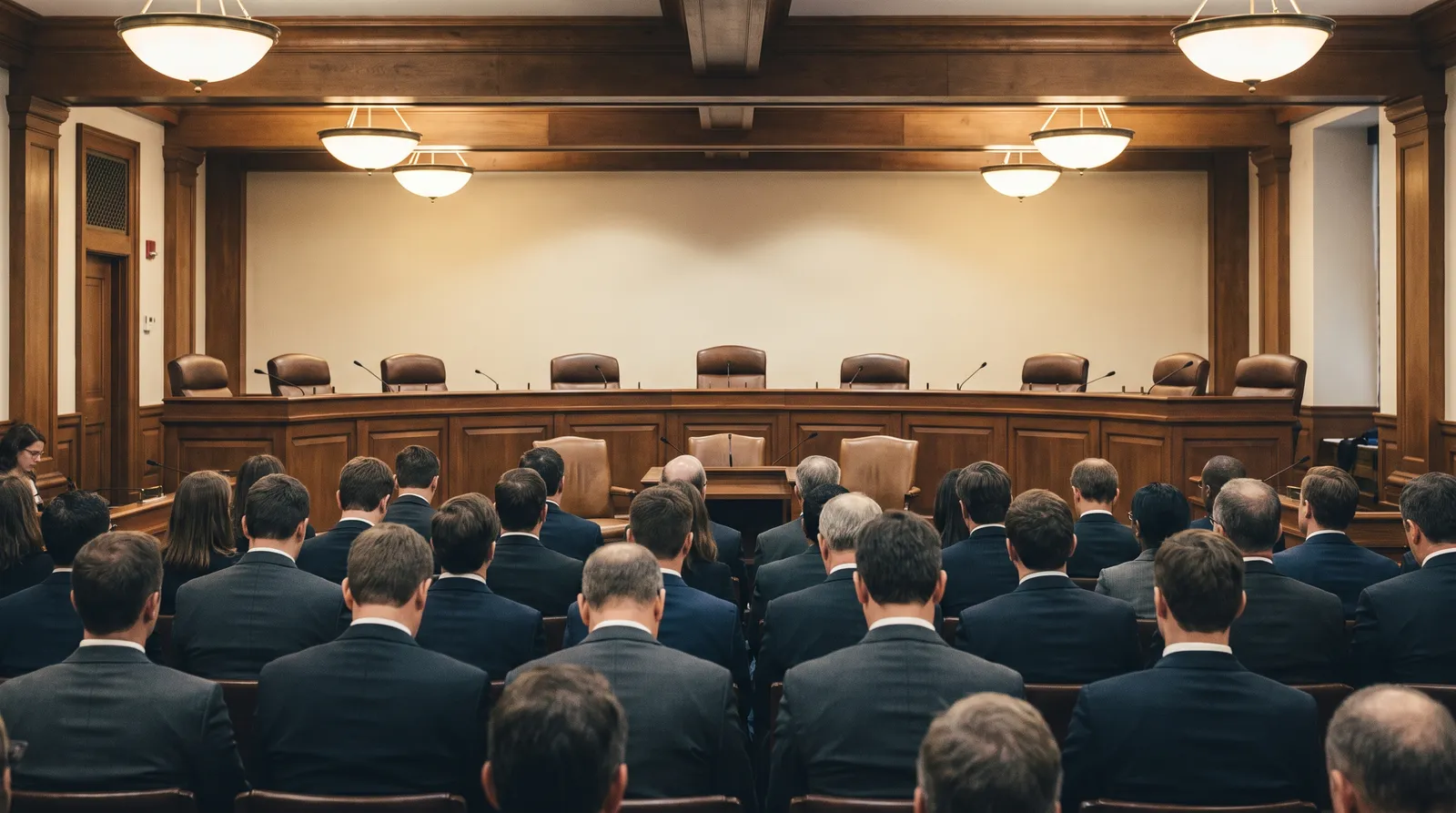 A formal Washington committee hearing room seen from the back of the public gallery, rows of seated attendees viewed from behind