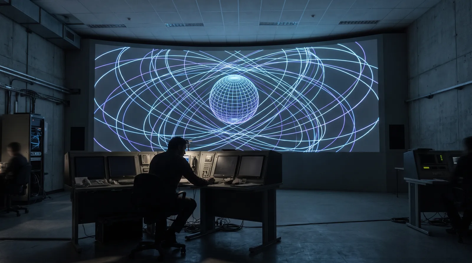 A dim analysis room with a large wall display showing a dark wireframe globe crossed by thin curving orbital track arcs, an analyst silhouetted at a console