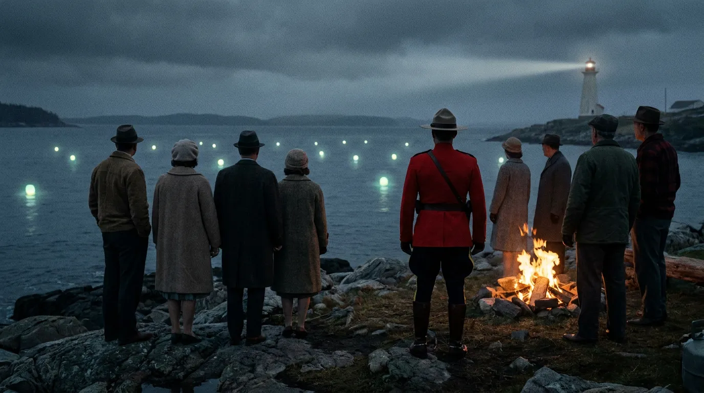 A small group of 1960s townspeople and an RCMP officer standing on a rocky Nova Scotia shoreline at night looking at pale lights on the dark water