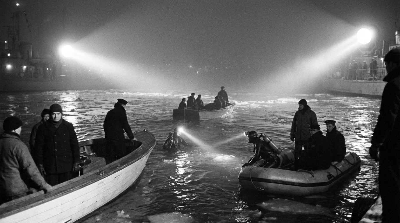 1967 Royal Canadian Navy search with small boats and divers with lamps on a dark cold Nova Scotia harbour at night
