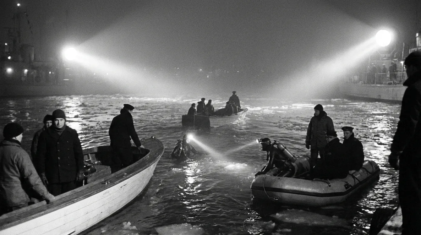 1967 Royal Canadian Navy search with small boats and divers with lamps on a dark cold Nova Scotia harbour at night
