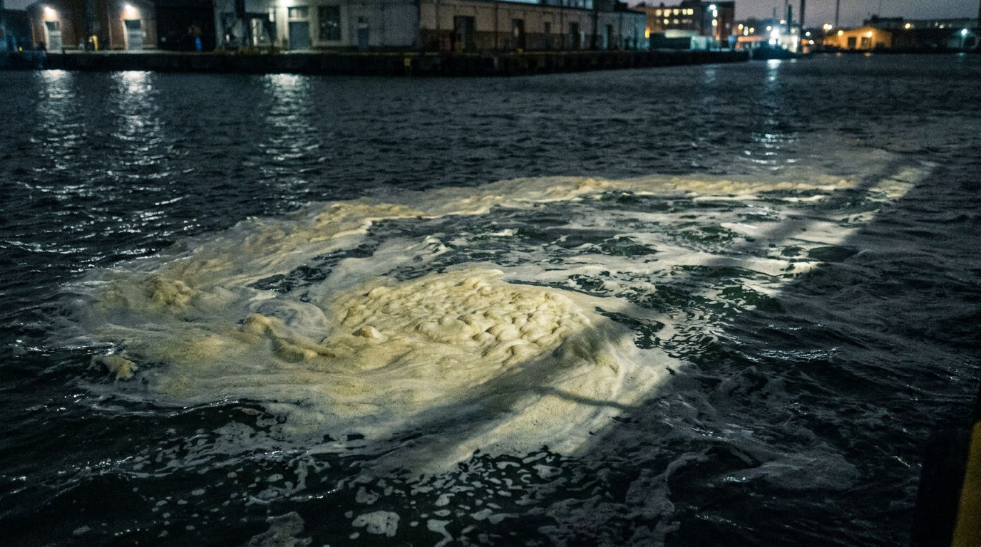 Close view of a patch of pale yellowish foam on dark cold harbour water at night with a searchlight beam glancing across it