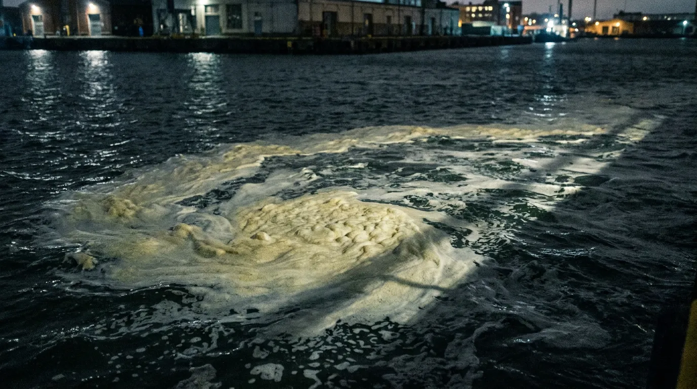 Close view of a patch of pale yellowish foam on dark cold harbour water at night with a searchlight beam glancing across it