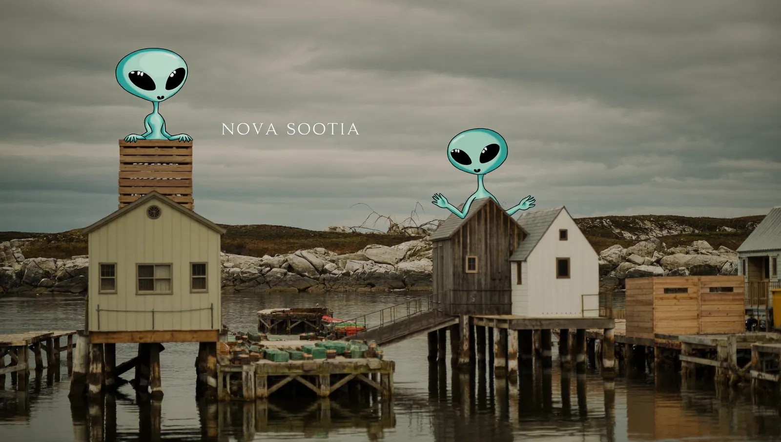 A present-day Nova Scotia fishing village at dusk with weathered wooden wharves, stacked lobster traps and a calm grey Atlantic inlet