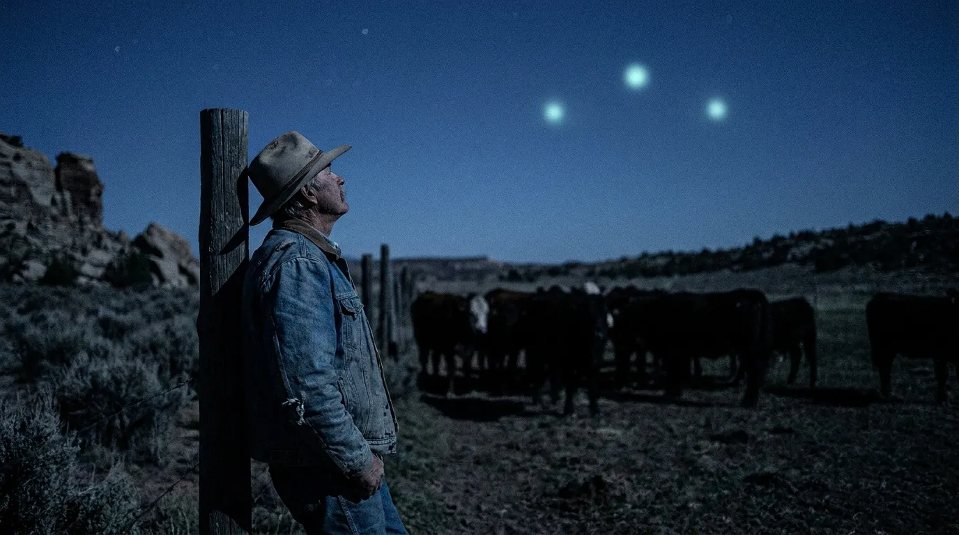 A lone rancher at a wooden fence at night looking up at three faint glowing orbs hovering over a moonlit pasture where cattle stand uneasily