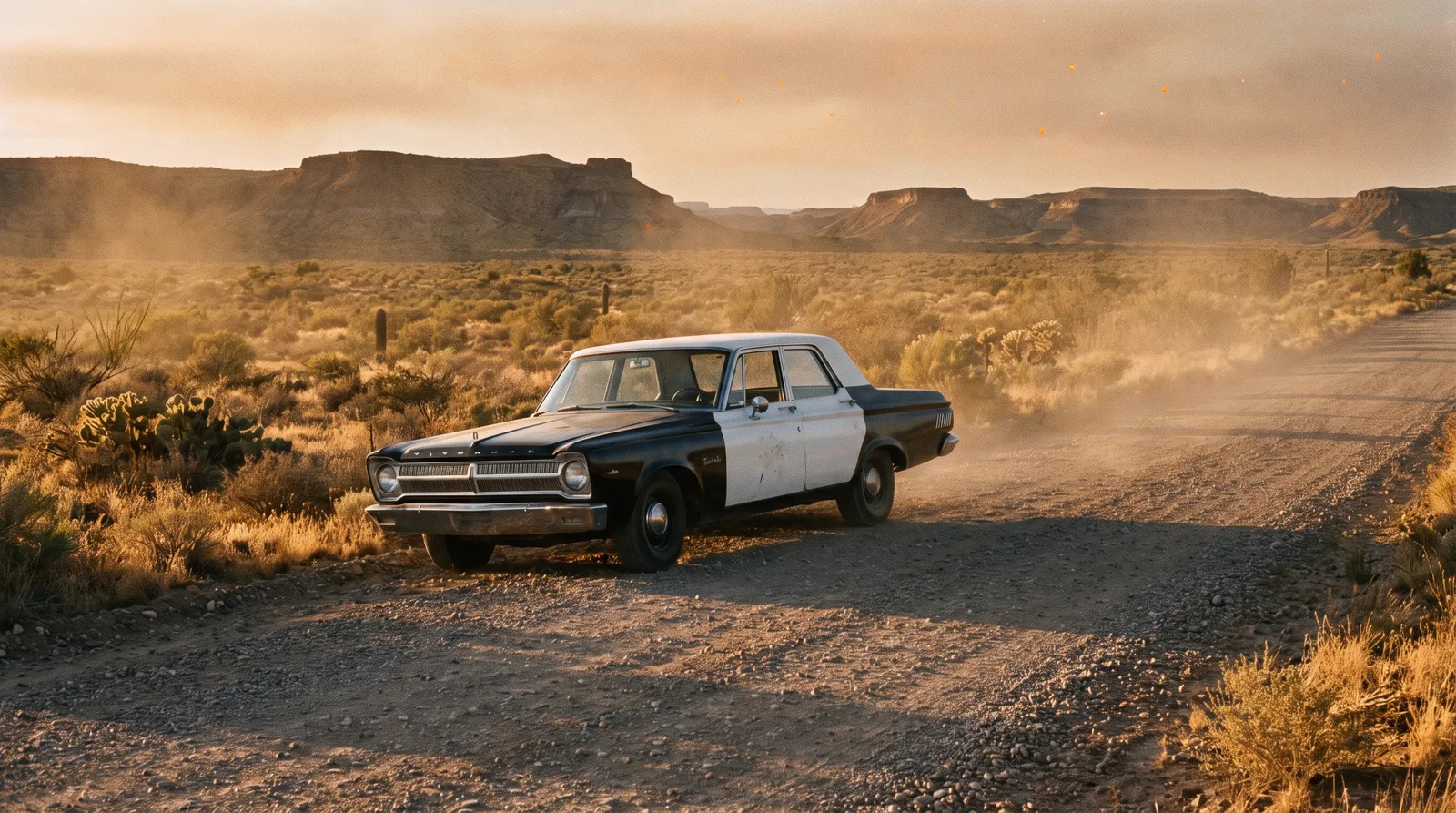 A 1960s black and white American police patrol car parked on a rough gravel track in high desert scrubland under late afternoon light