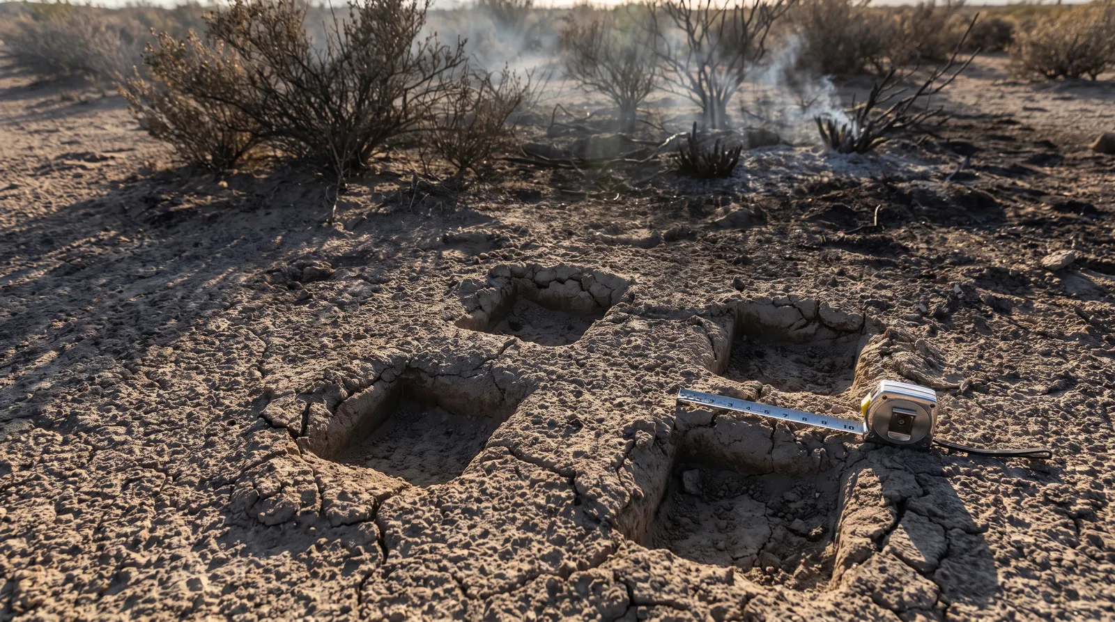 Four rectangular impressions pressed deep into dry sandy desert soil with a measuring tape laid alongside, scorched brush nearby