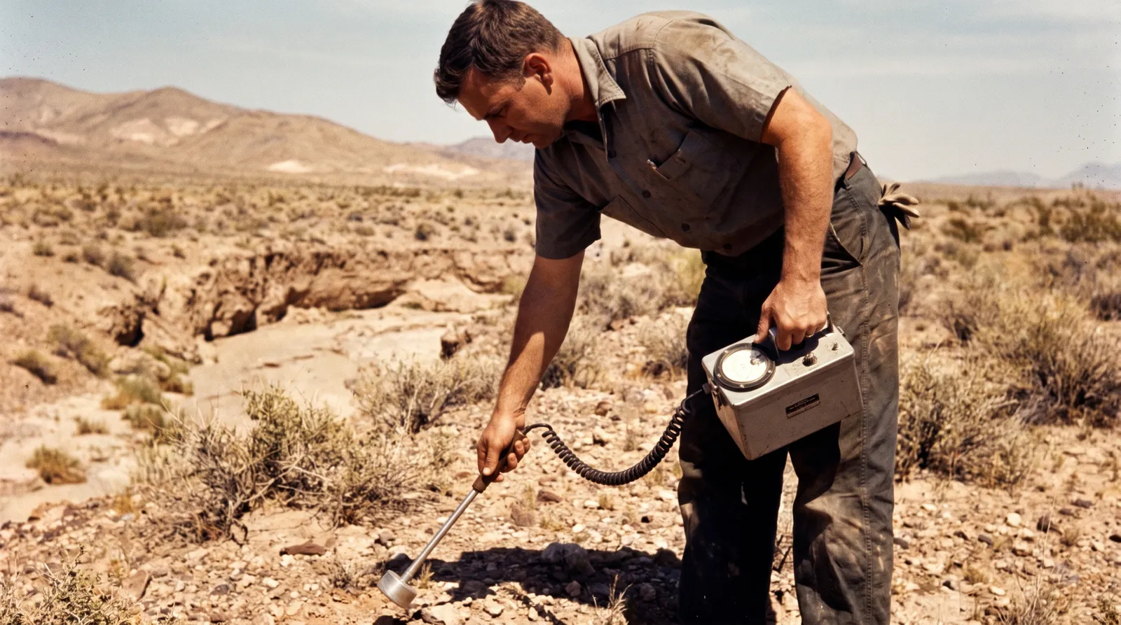 A man in 1960s shirtsleeves crouched in desert scrubland sweeping a handheld analogue survey instrument over the ground