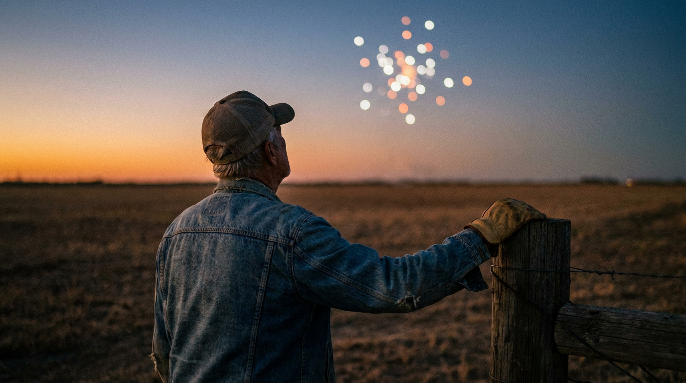 A Texas rancher by a fence at dusk looking up at bright unexplained lights over flat farmland