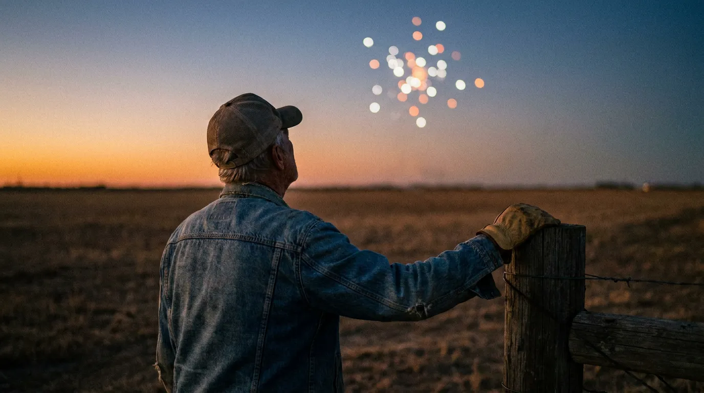 A Texas rancher by a fence at dusk looking up at bright unexplained lights over flat farmland