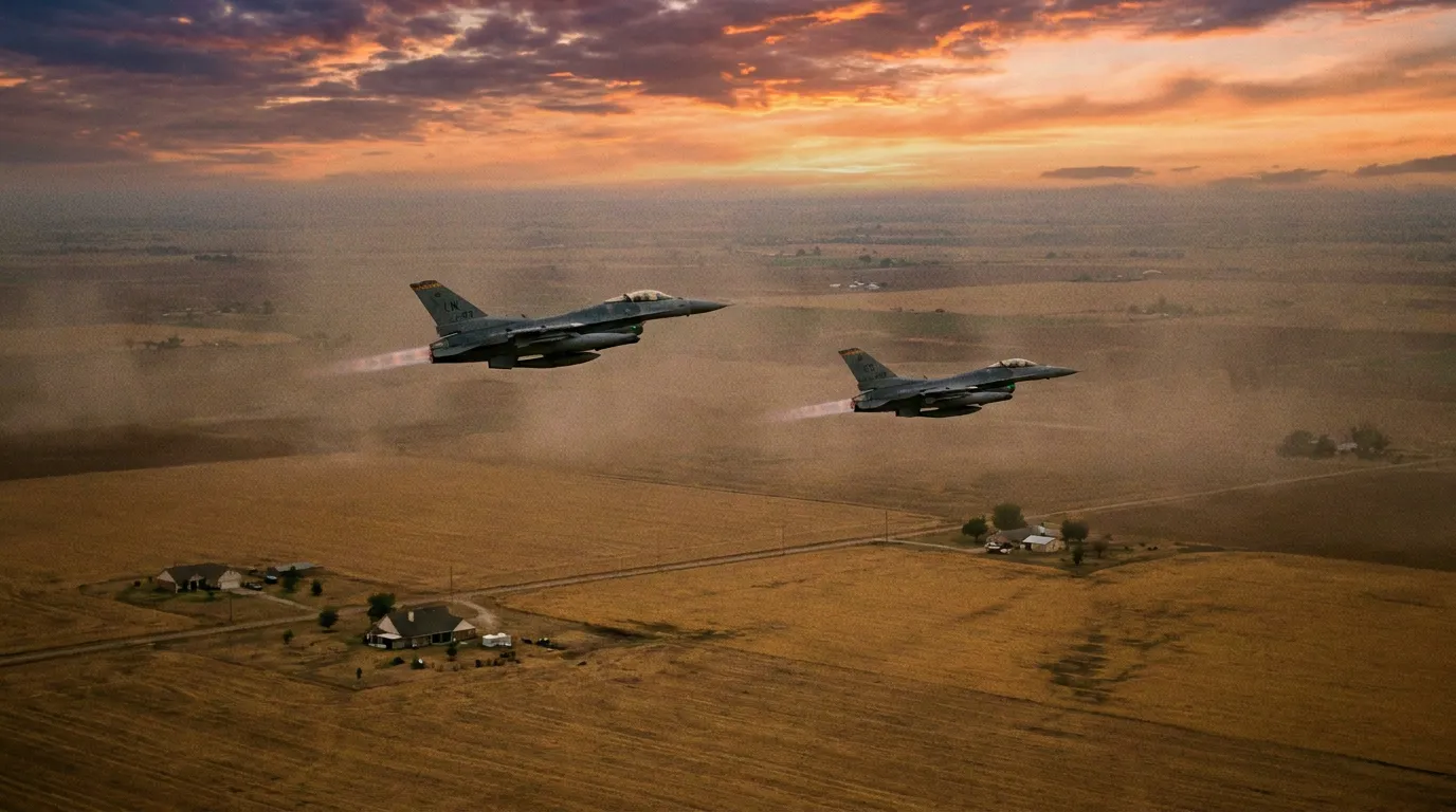 Two F-16 fighter jets streaking across a wide Texas sky at dusk over farmland