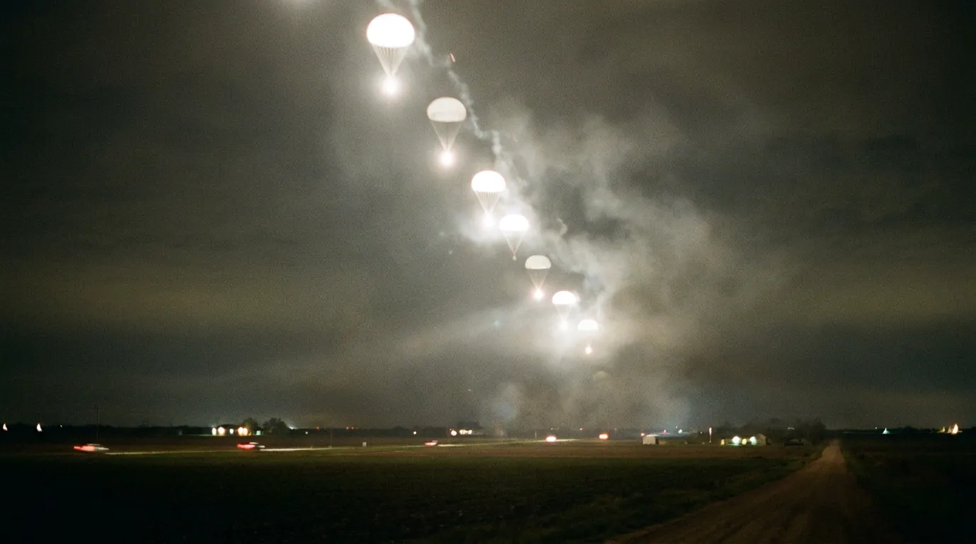 A line of bright white parachute flares descending over flat rural Texas farmland at night