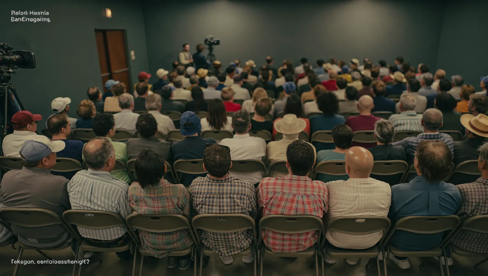 A packed small-town community hall meeting at night with rows of residents on folding chairs seen from the back