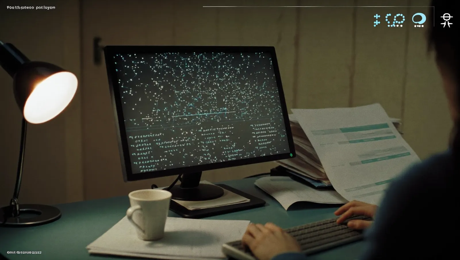 A night-time analyst's desk with a monitor showing a dense scatter of plotted radar points and stacks of printed data