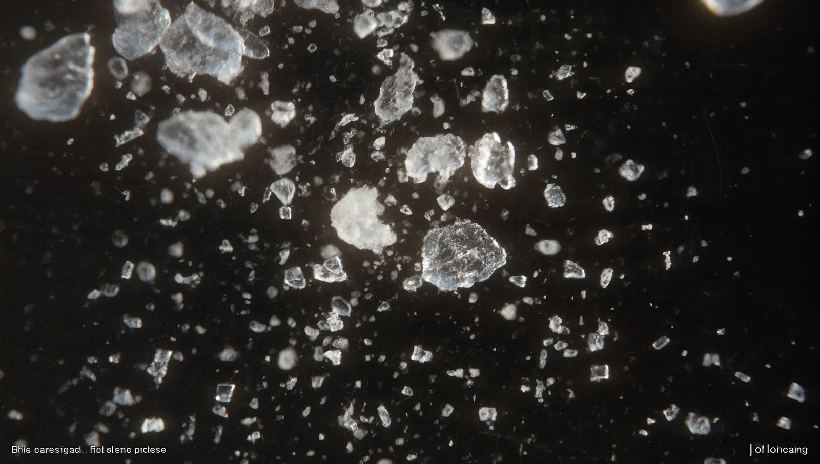 A scattered field of tiny ice crystals and debris flakes glinting in hard sunlight against black space