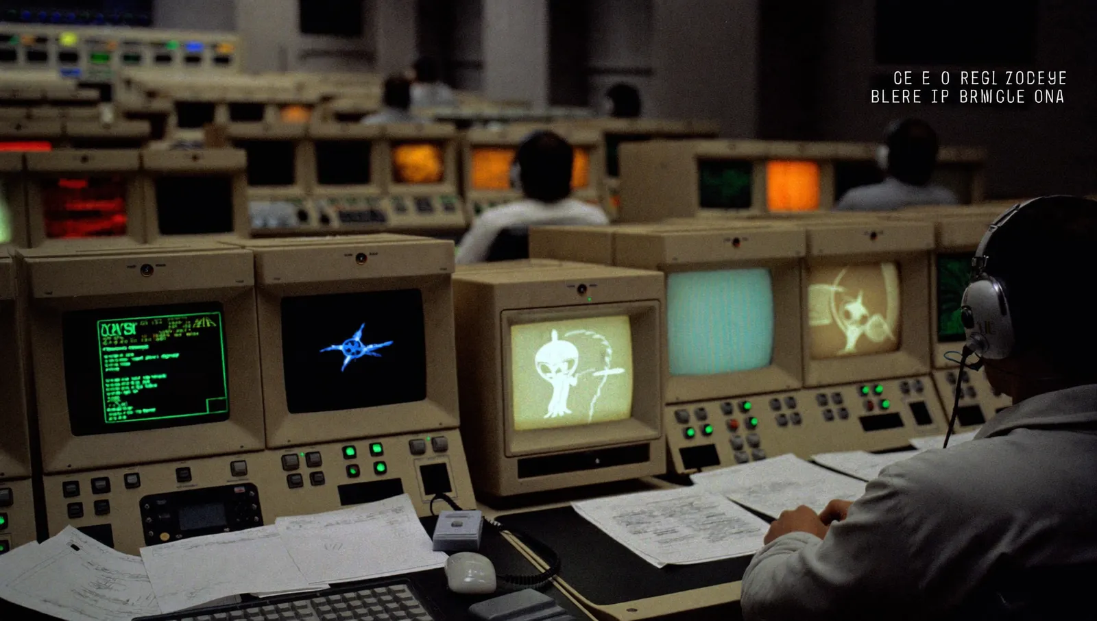Rows of consoles and monitors in a 1990s mission control room with flight controllers seen from behind