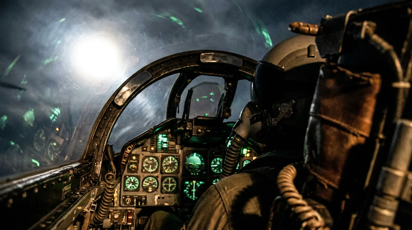 Inside an F-4 Phantom cockpit at night, instrument lights dimming, a bright light through the canopy