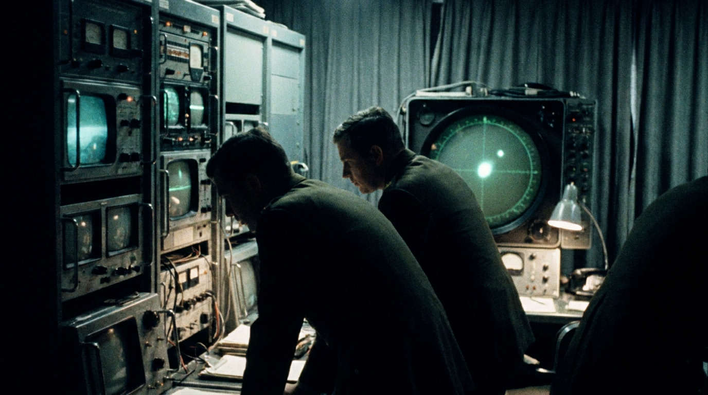 A dim 1970s military radar control room with operators watching a large blip on a green scope