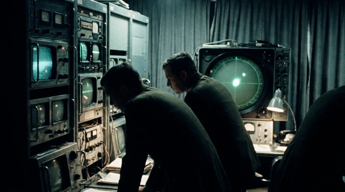 A dim 1970s military radar control room with operators watching a large blip on a green scope