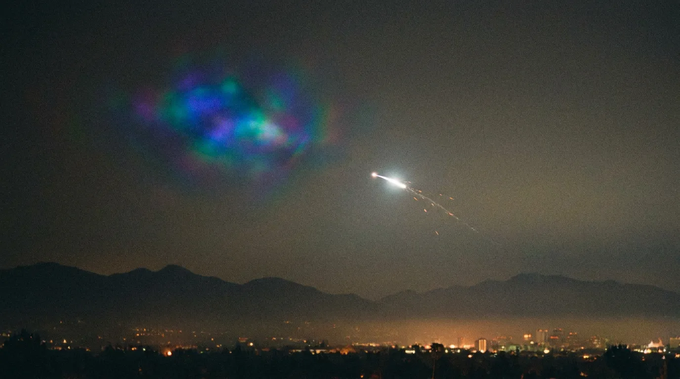 A brilliant glowing object in the night sky with a smaller bright object streaking away from it