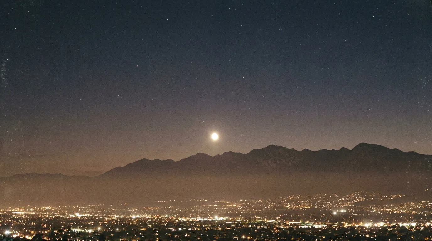 An extremely bright planet blazing low over a dark mountainous horizon beyond distant city lights