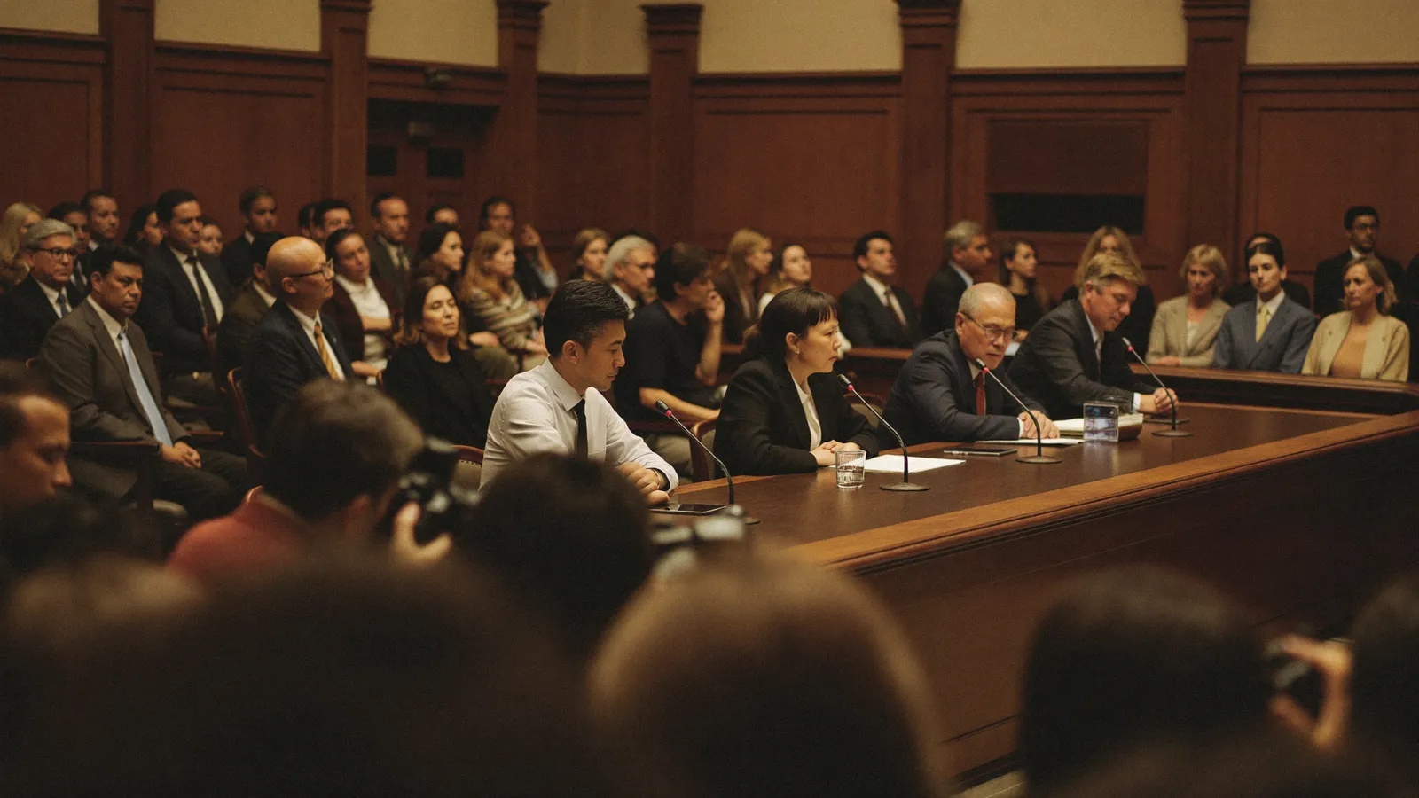 A packed wood-panelled congressional hearing room with witnesses at a table and press photographers crouched in front