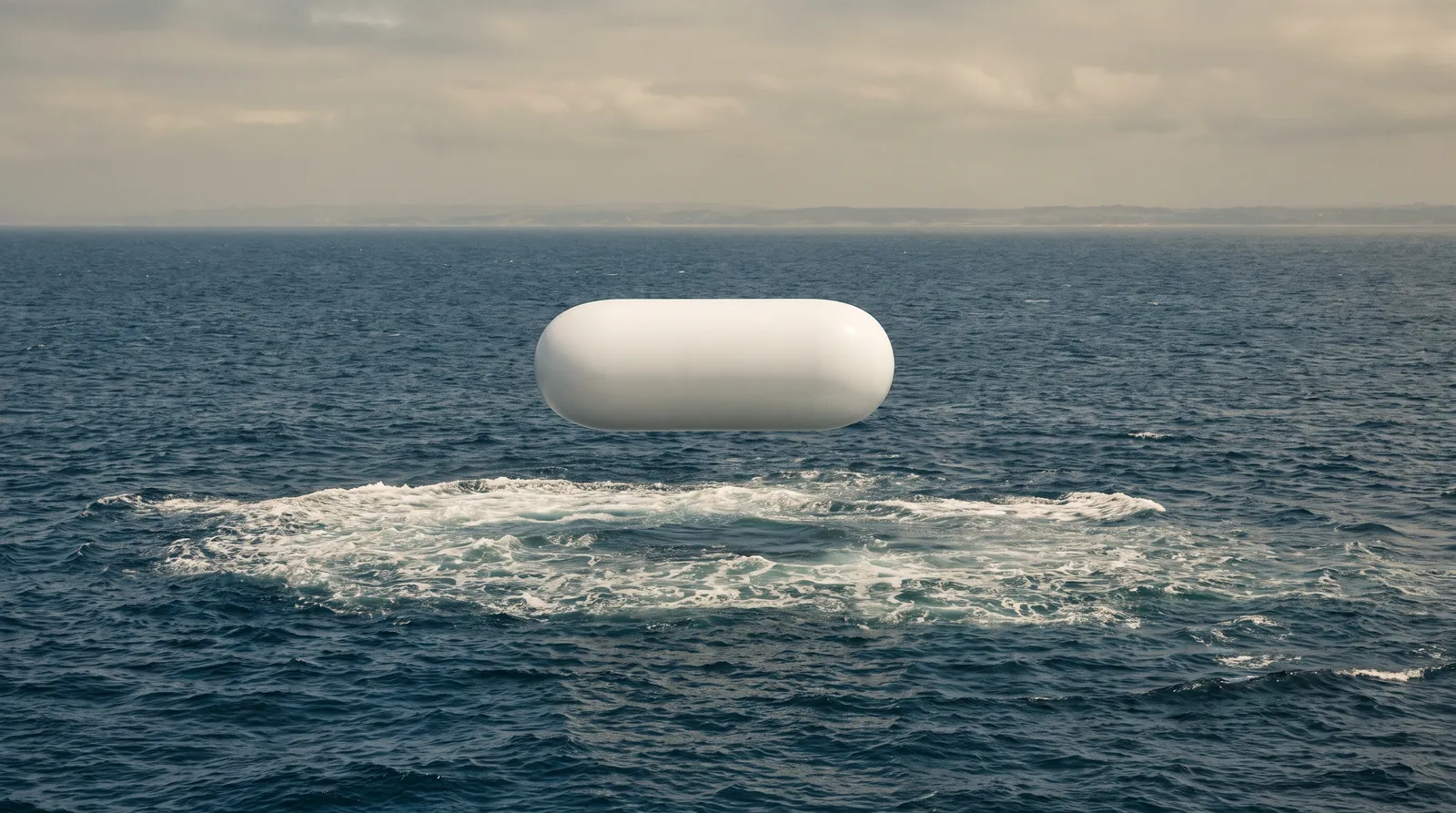 A smooth featureless white oblong object hovering low over a churning patch of white water on the open ocean in daylight