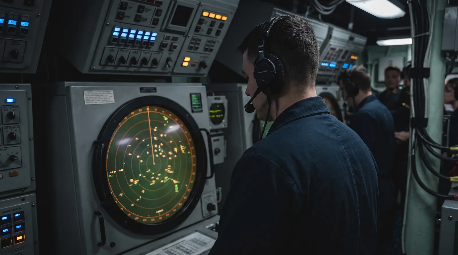 A naval radar operator seen from behind at a darkened console, studying a glowing phased-array display in a warship's combat information centre