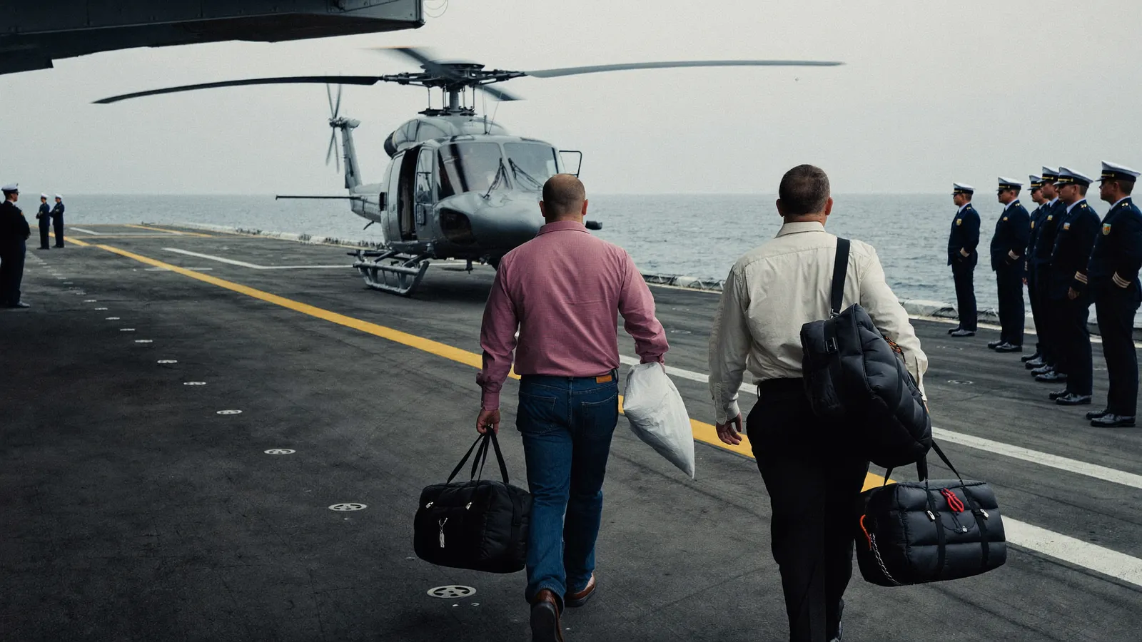 Two men in civilian clothes carrying black equipment bags across an aircraft carrier flight deck toward a grey helicopter under overcast light