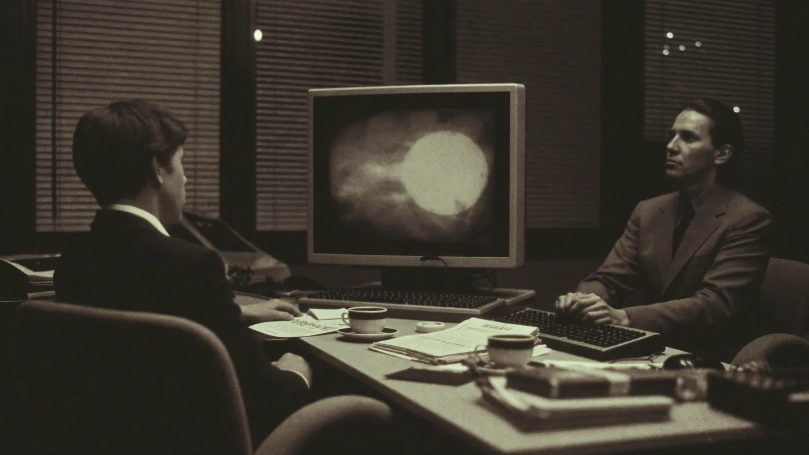A dim newsroom late at night, two journalists at a desk lit by a monitor showing a blurry monochrome infrared blob