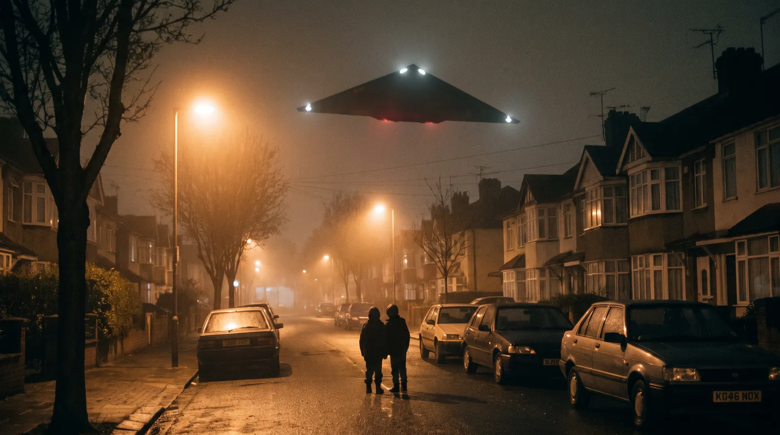 A silent black triangular craft drifting low over a quiet suburban street at night, streetlights and parked cars below, small onlookers watching