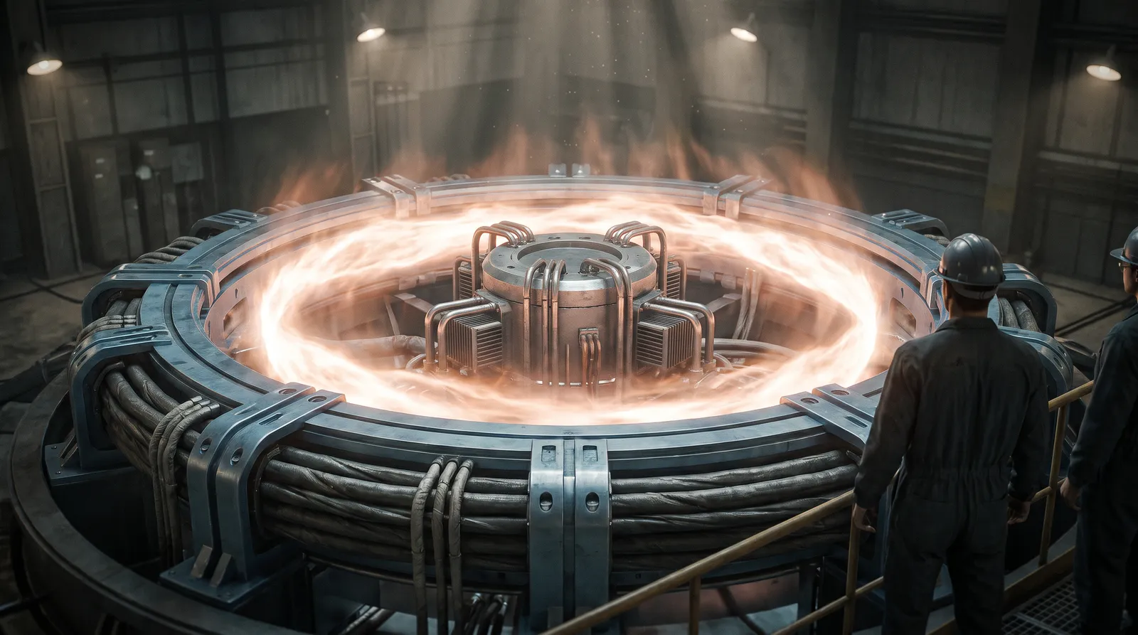 Concept render of a large circular accelerator ring glowing with orange-white plasma spinning around a central reactor core