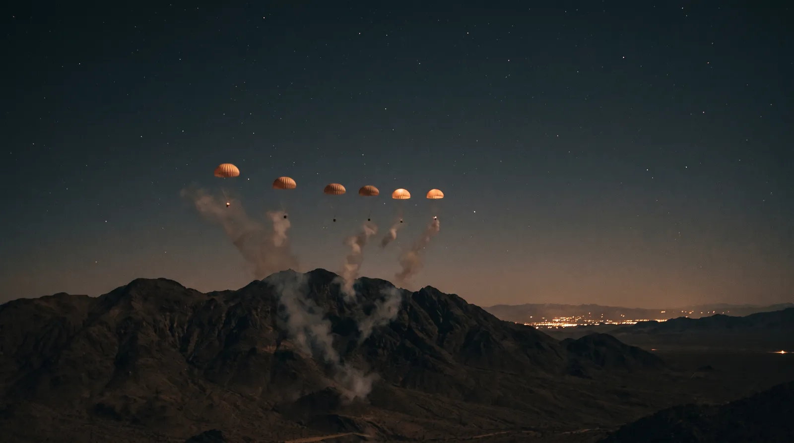 A line of bright military parachute flares descending slowly behind a dark desert mountain ridge at night