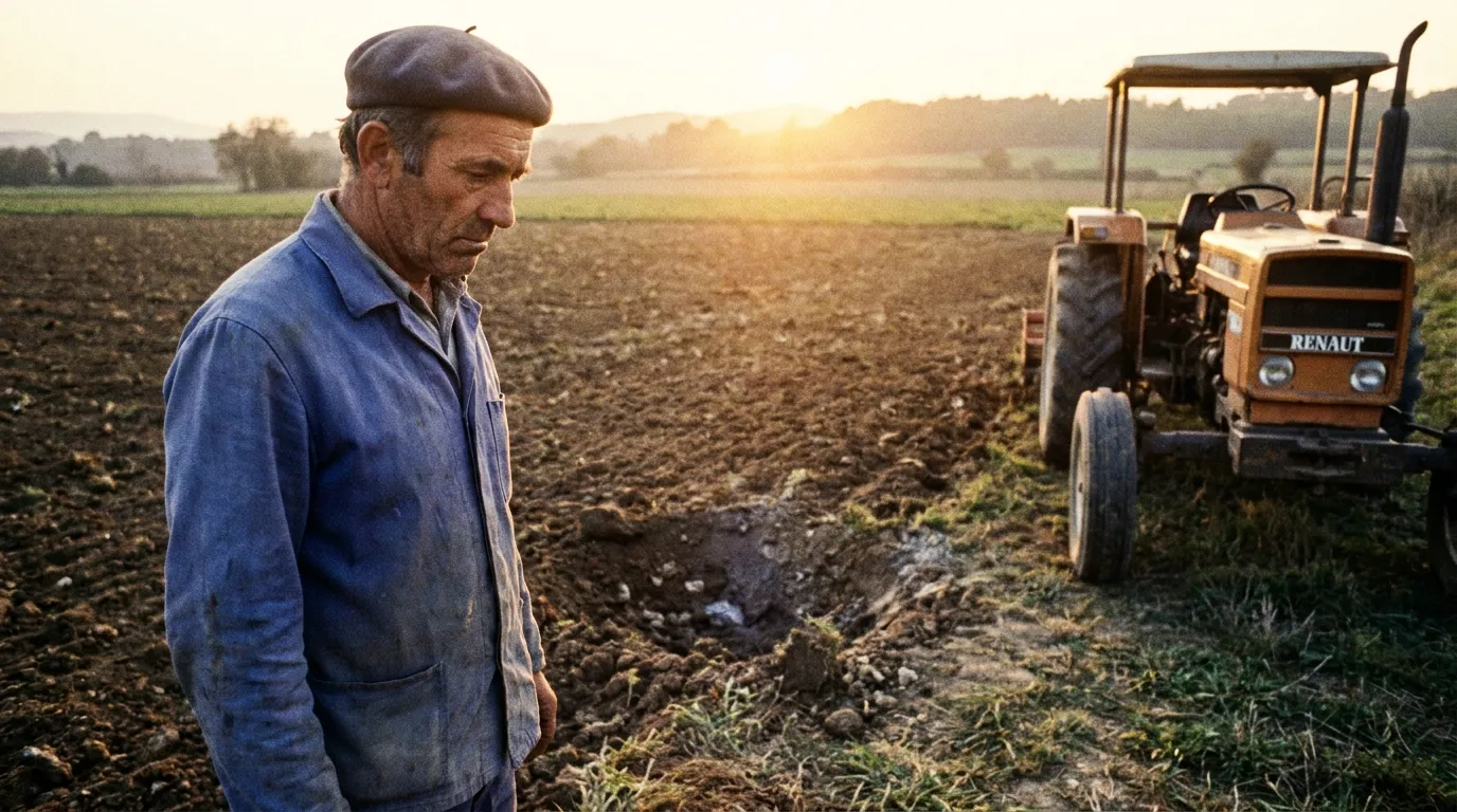 A French farmer standing at the edge of a ploughed field in Provence at dusk