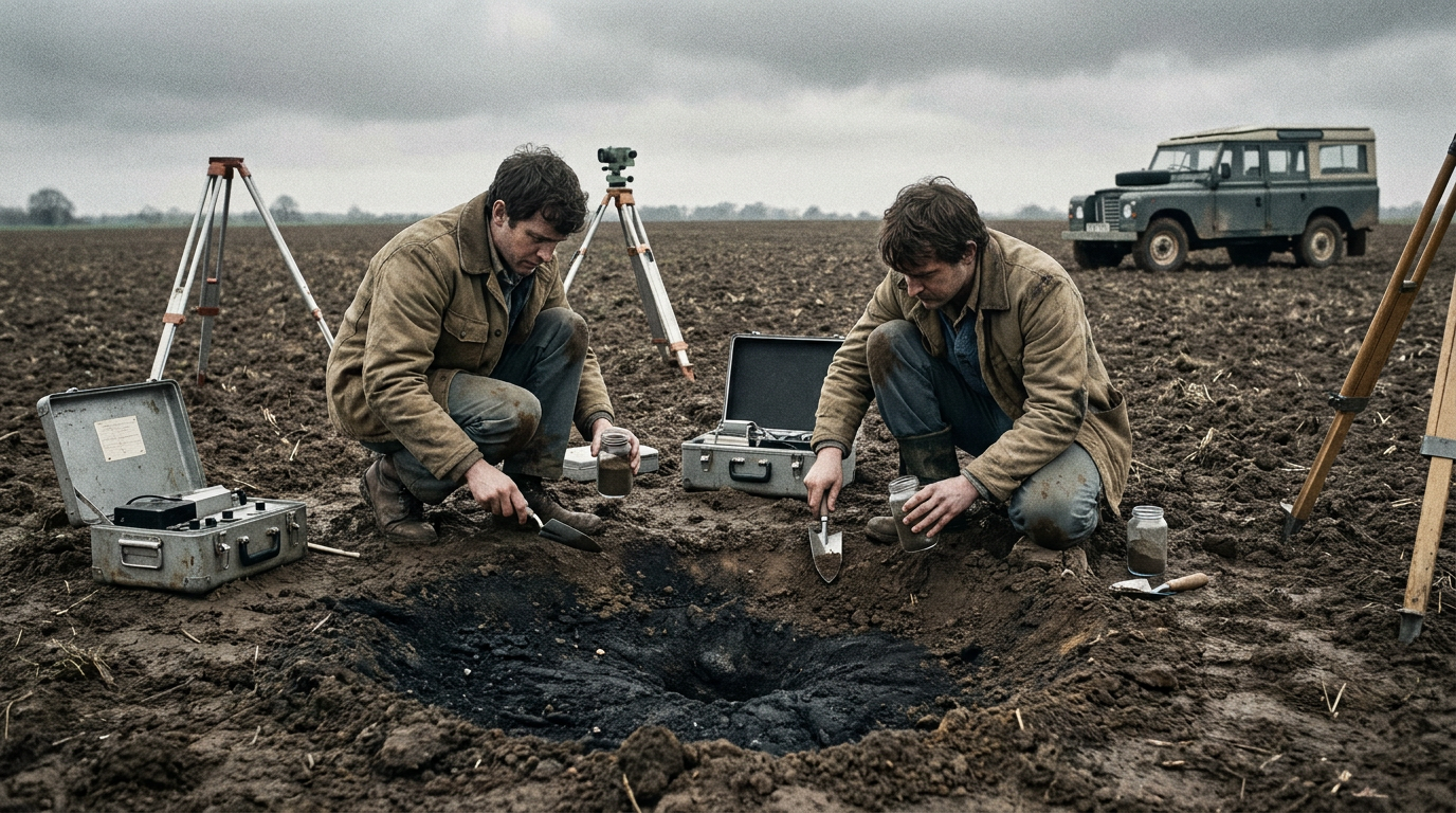 Two investigators crouching in a field taking soil samples around a circular scorched ground mark