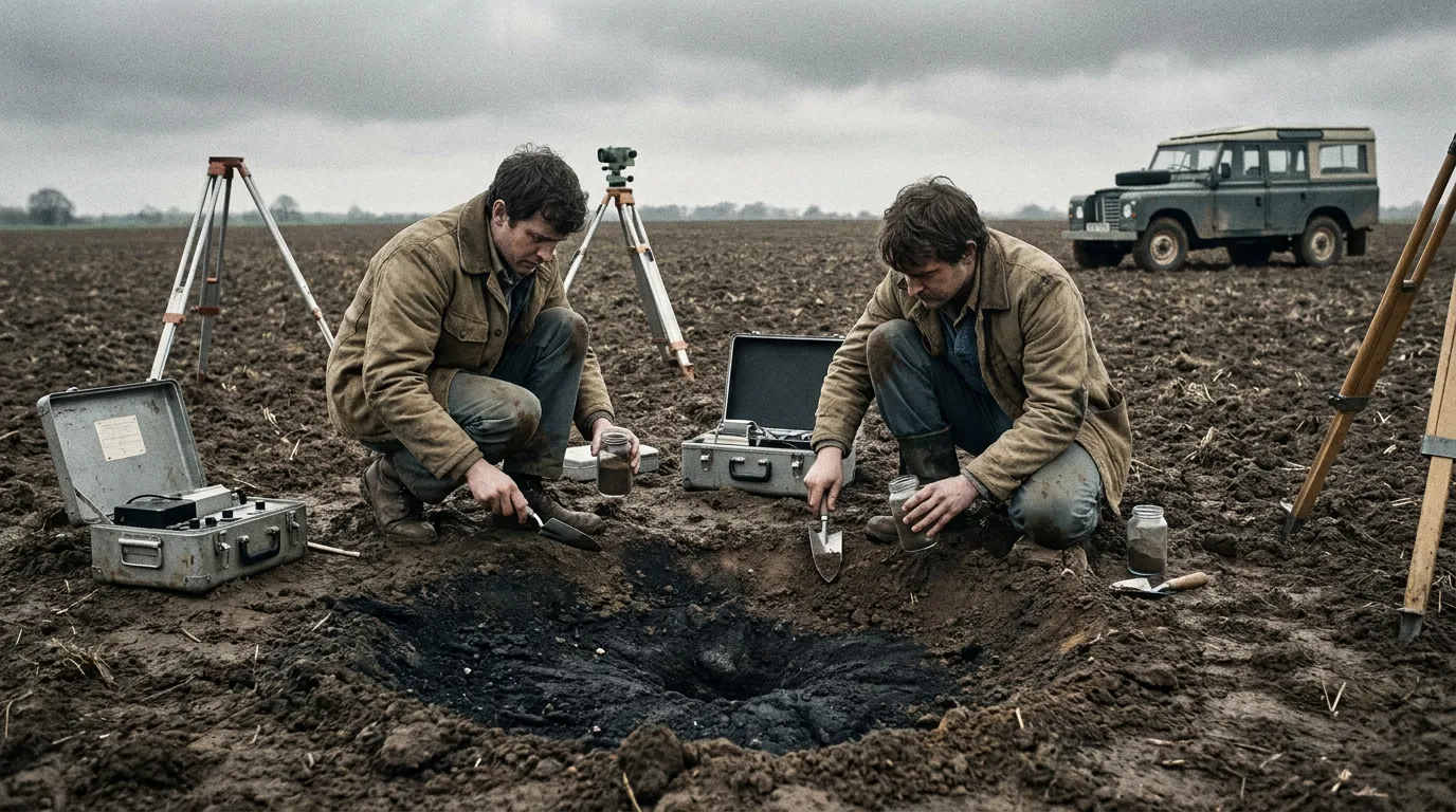 Two investigators crouching in a field taking soil samples around a circular scorched ground mark