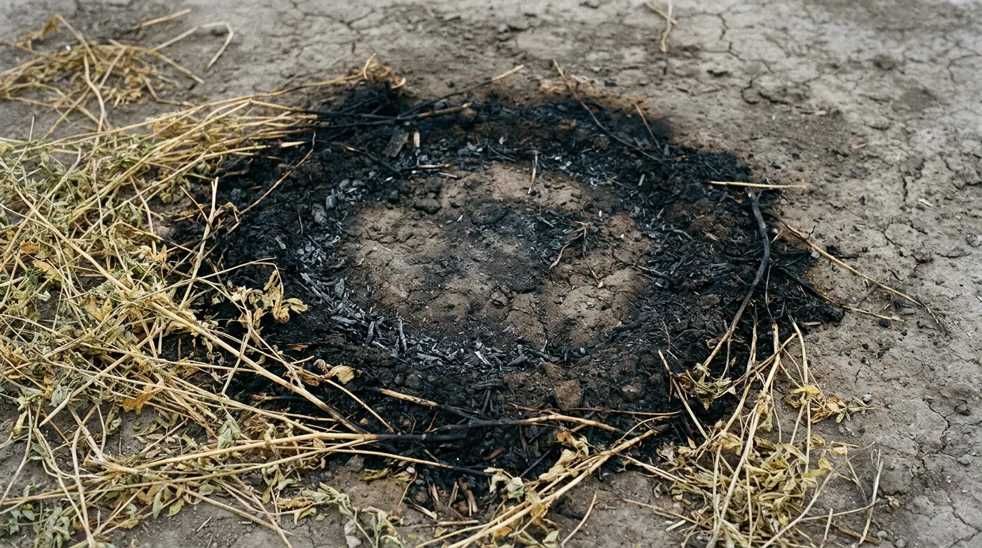 A close-up of a circular scorched compressed ring in bare earth with wilted yellowing alfalfa around it