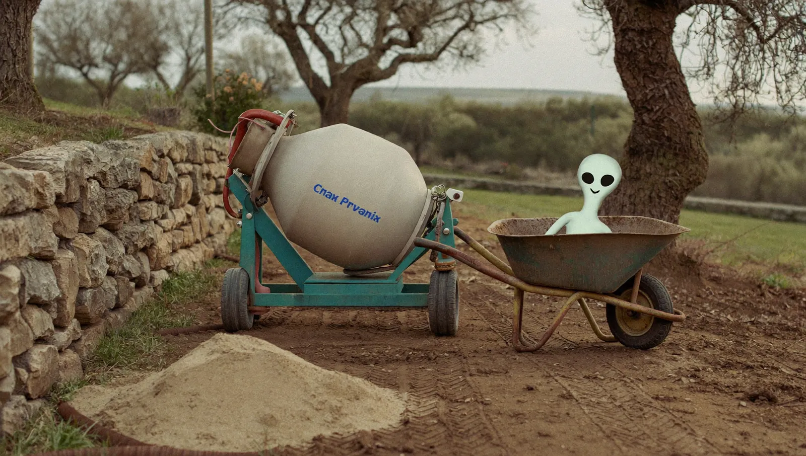A small cement mixer, a heap of building sand and tyre ruts pressed into damp earth on a terraced garden in Provence