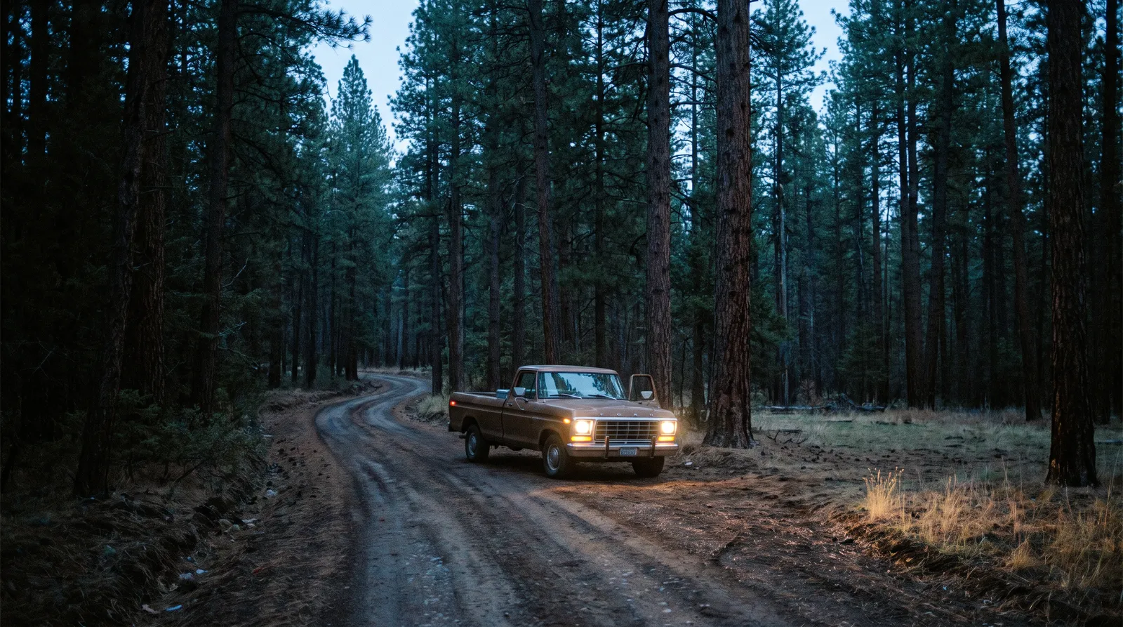 A rough dirt logging road curving through tall ponderosa pine forest at dusk, a 1970s pickup truck parked at the bend with its door open and headlights on