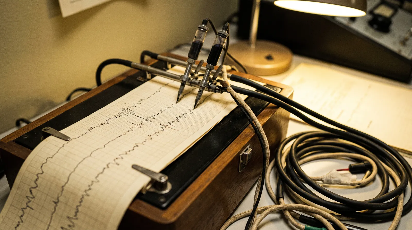 A vintage analogue polygraph machine with inked styluses tracing wavering parallel lines onto a moving paper chart roll, cuff leads coiled beside it