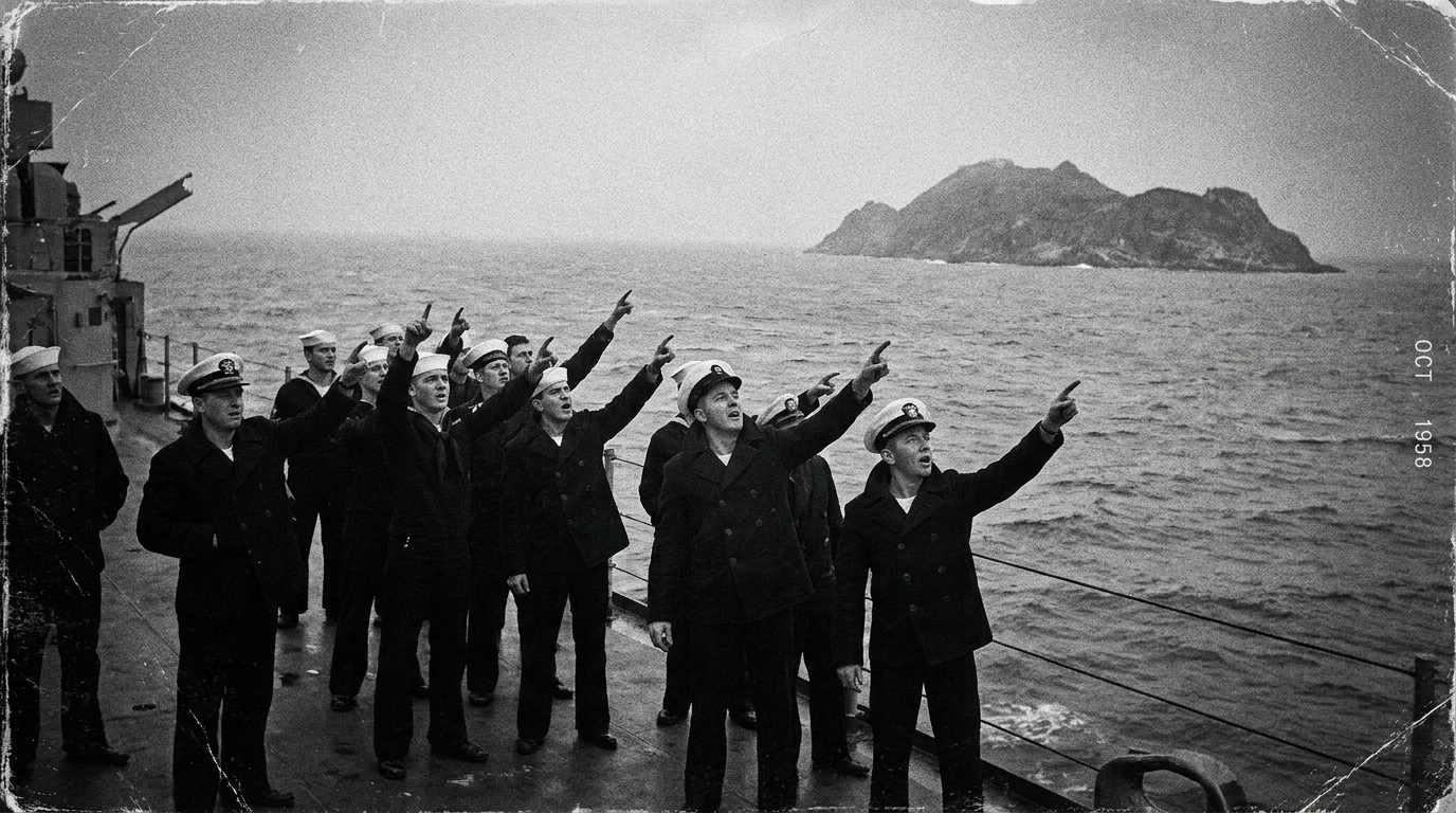 1950s sailors on a warship deck pointing up at the sky over the ocean