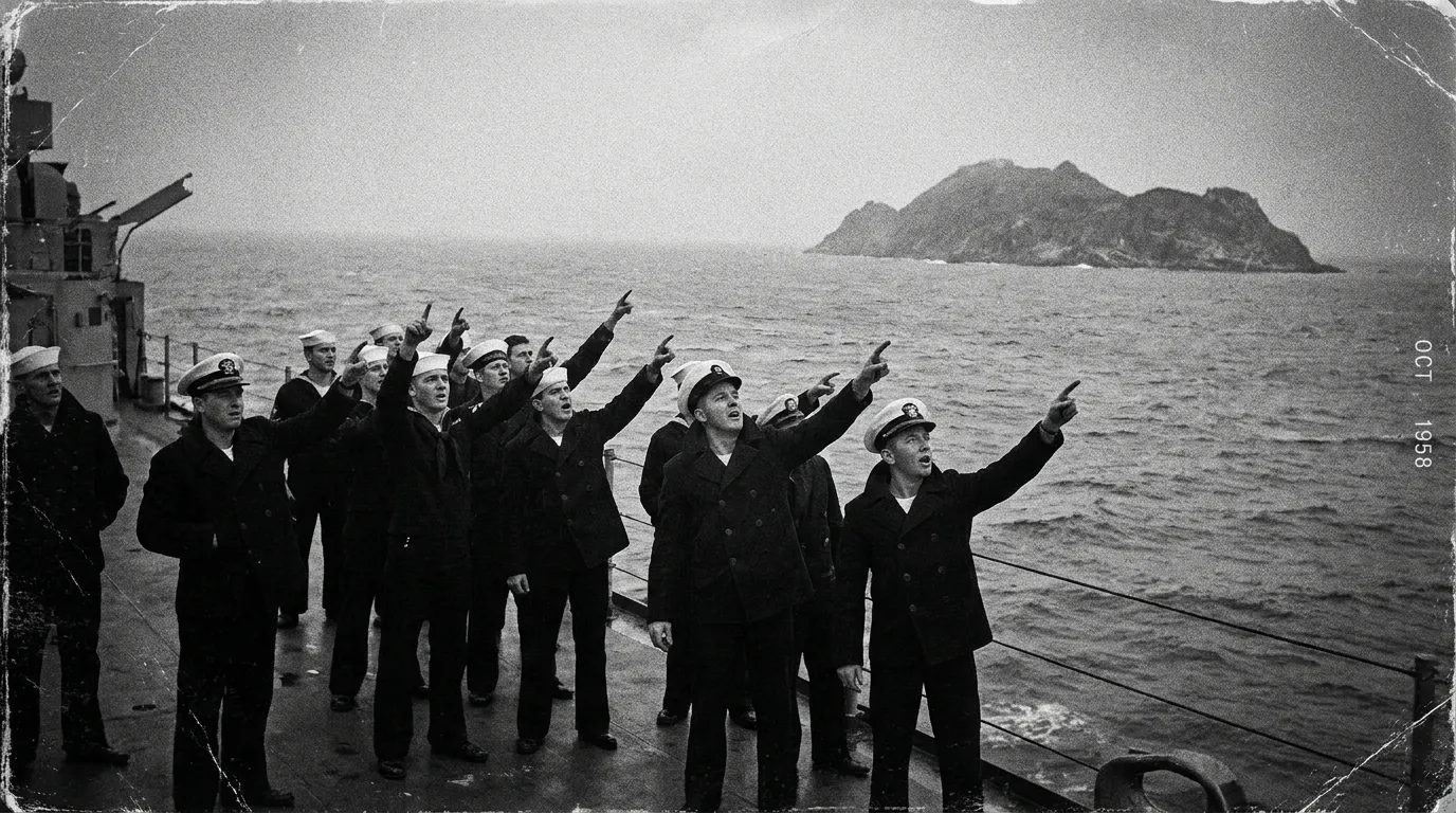 1950s sailors on a warship deck pointing up at the sky over the ocean