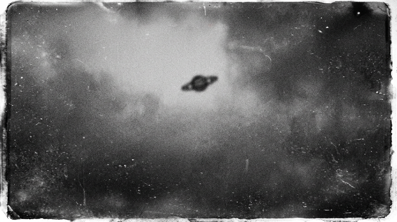 A grainy, blurry black-and-white photo of a distant Saturn-shaped object against a pale sky