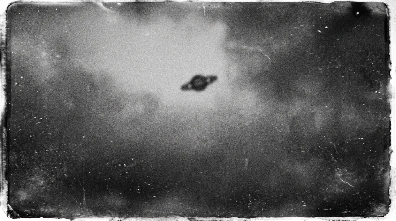 A grainy, blurry black-and-white photo of a distant Saturn-shaped object against a pale sky