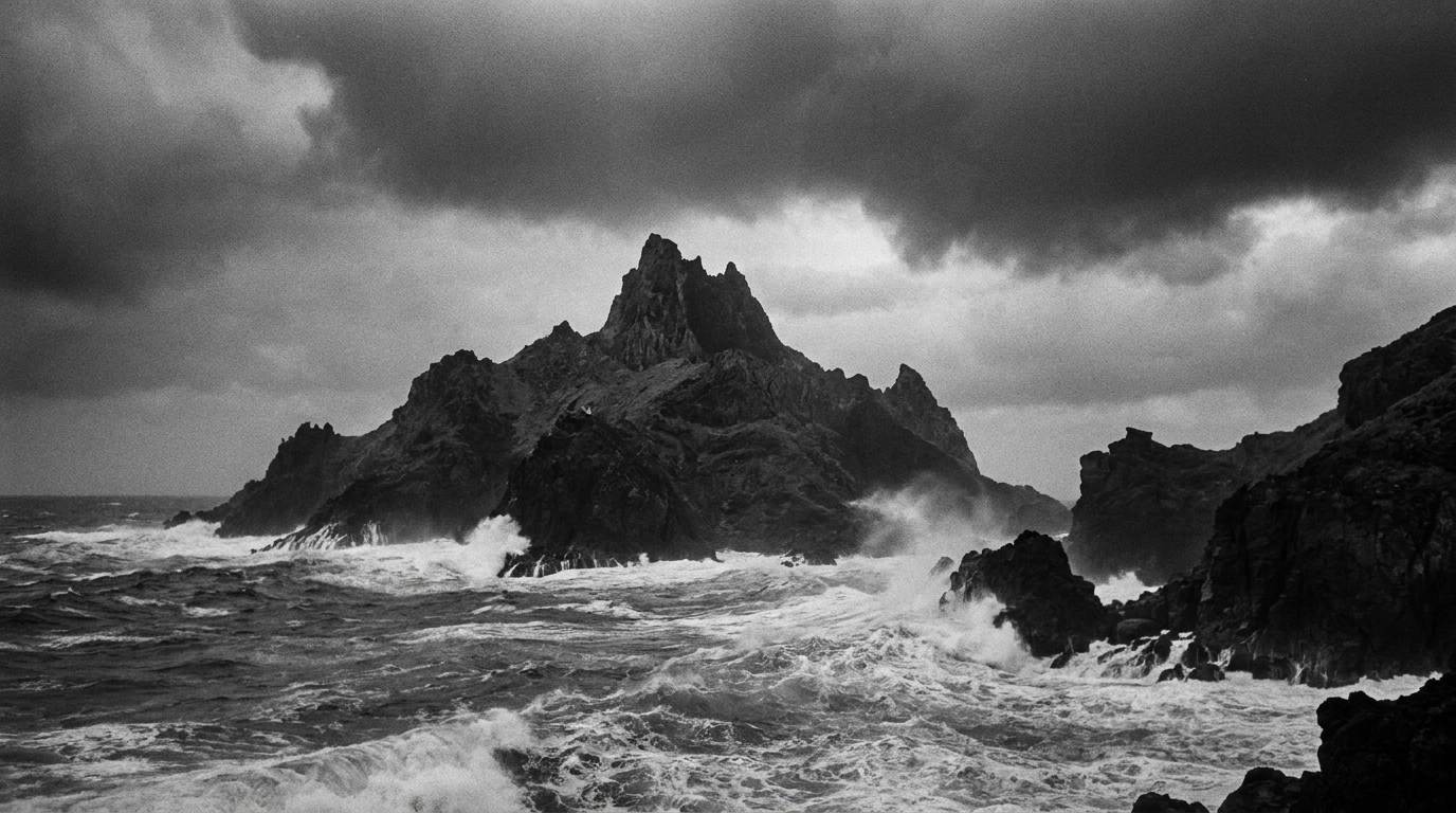 A rugged volcanic island with a jagged peak rising from a churning ocean