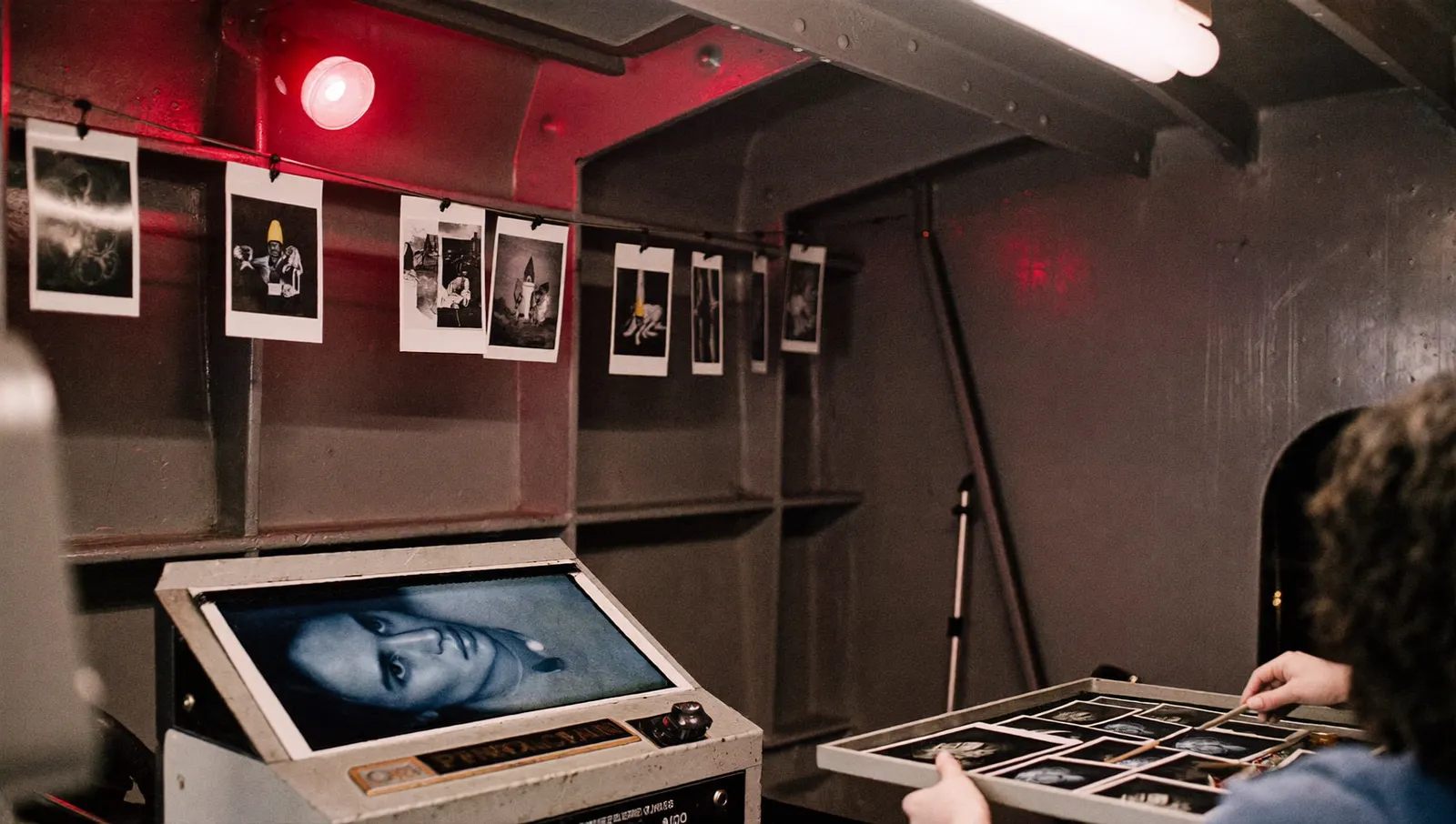 A cramped ship's darkroom lit by a red safelight with black-and-white prints pegged on a line above developing trays