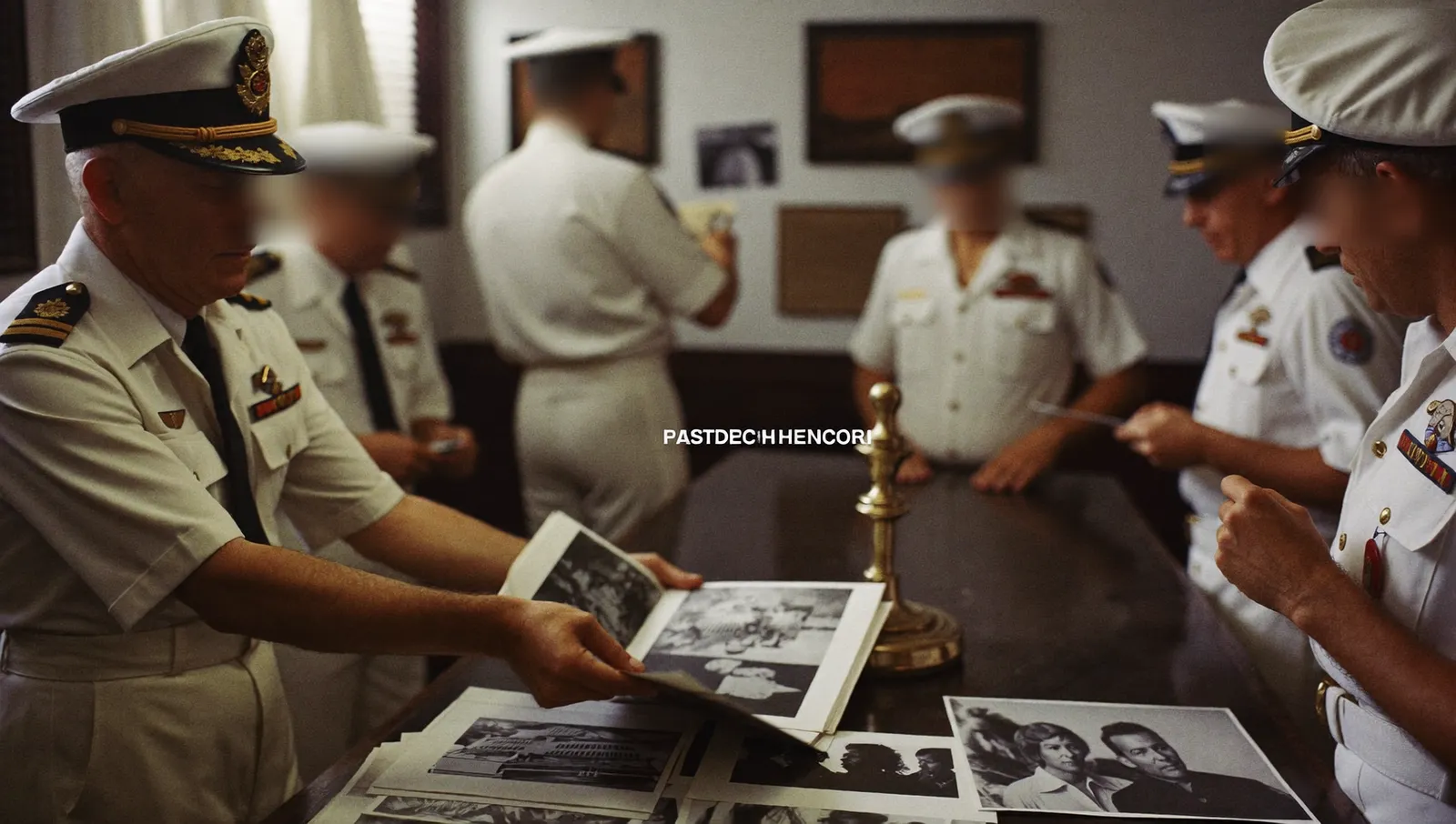 1950s naval officers in white uniform gathered around a chart table examining black-and-white photographic prints