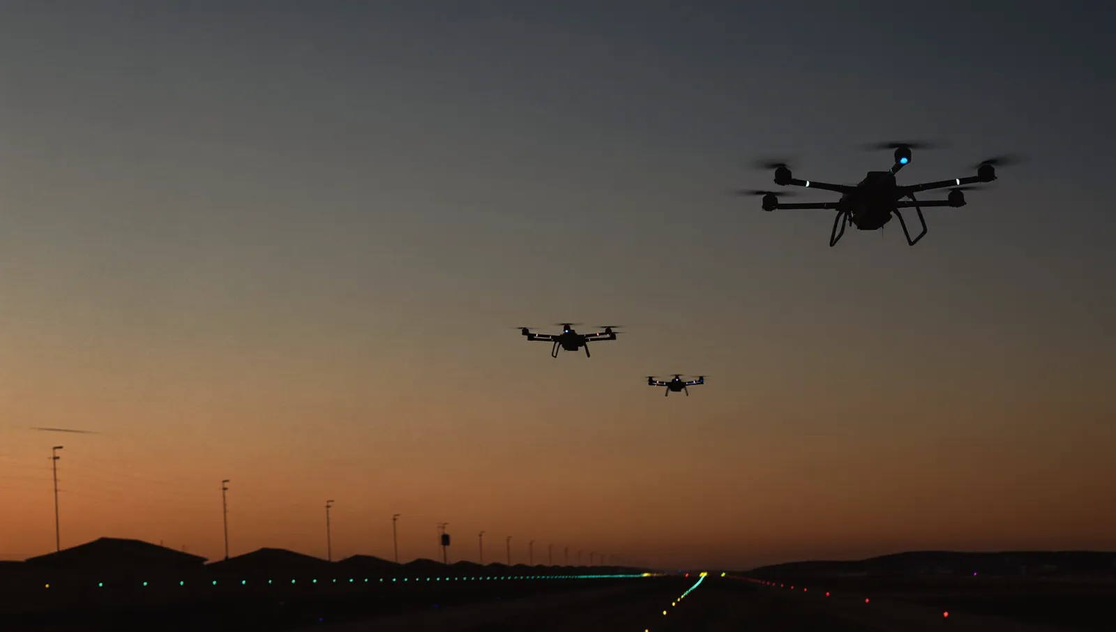 Three small drones silhouetted in formation against an orange dusk sky above a military airfield runway