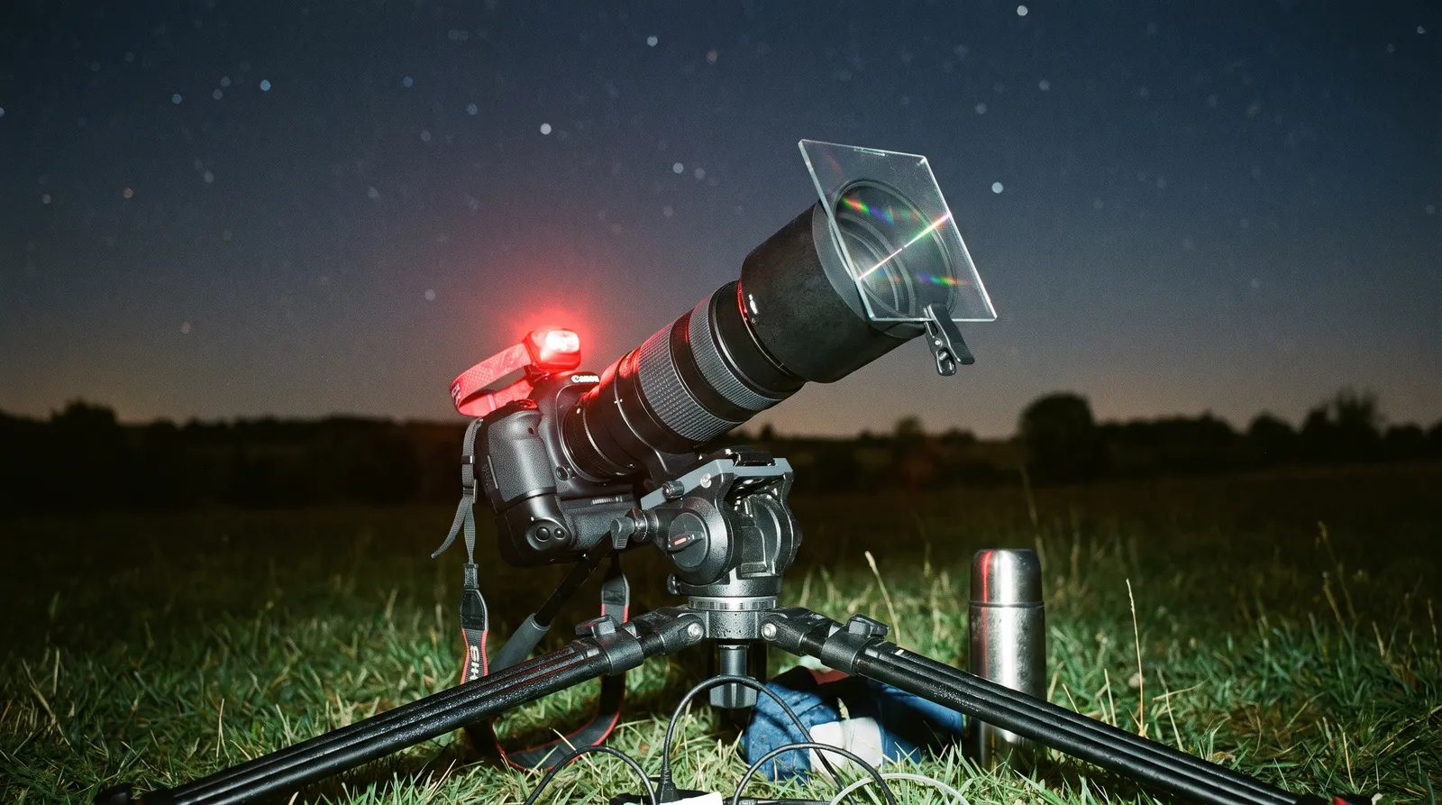 A camera on a tripod at night with a square diffraction grating filter clipped in front of the lens, faint rainbow streaks in the glass