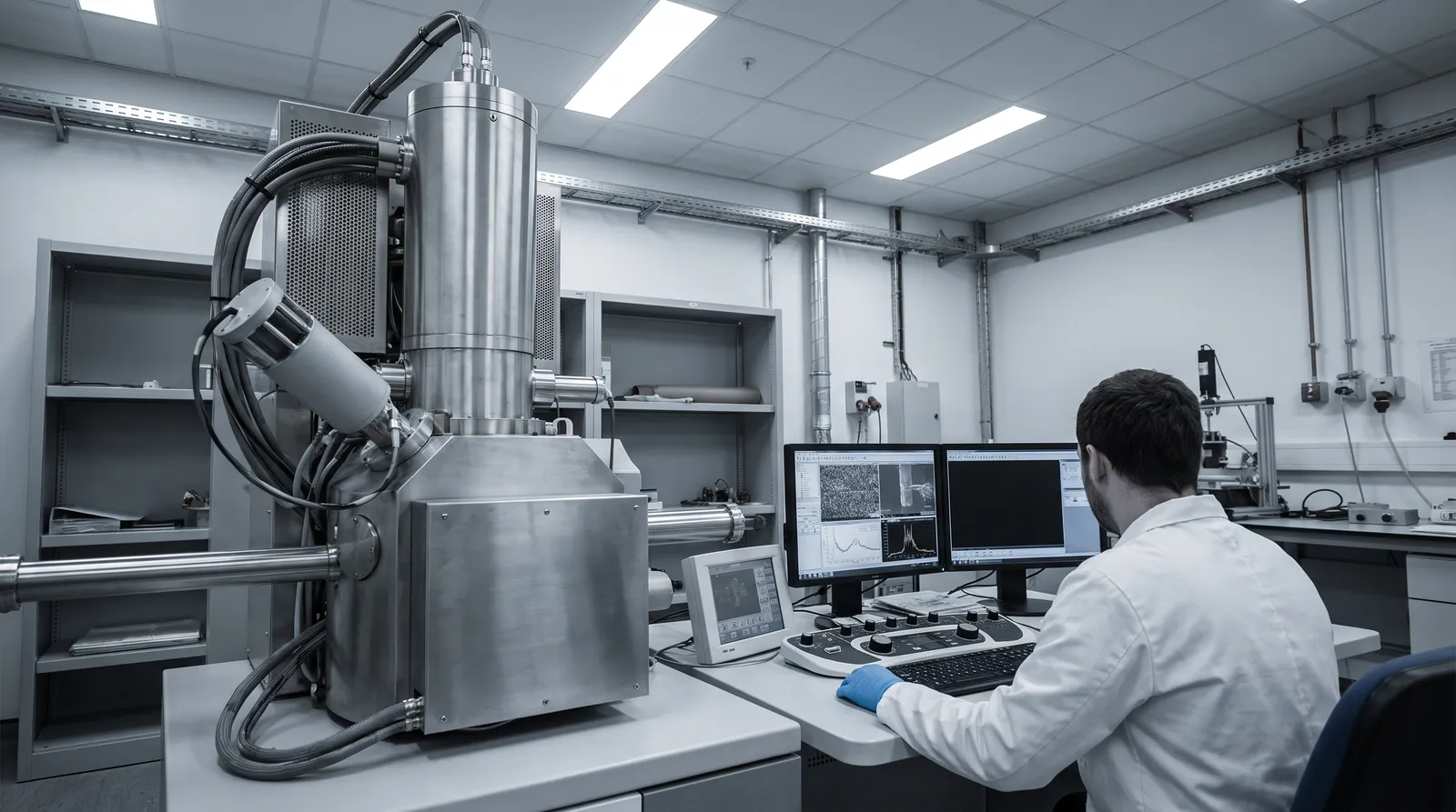 A scanning electron microscope column in a materials science laboratory with a gloved technician at the adjacent console, seen from behind